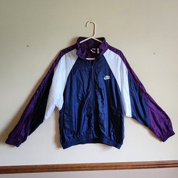Nike Vintage 90s Purple Navy White Full Windbreaker 100% Nylon Size Large